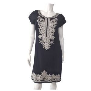 INC Black T-Shirt Shift Dress Size L Cream Embroidery Sequin Details Resort Wear